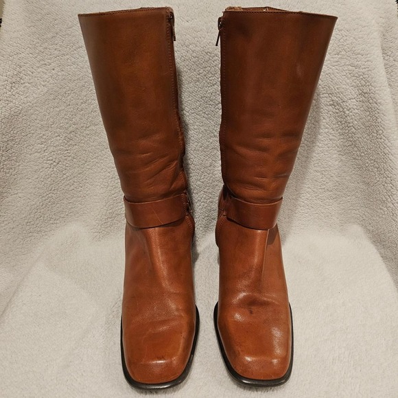 Shoes - Antonio Melani Toffee Brown leather boots with square toe and buckle design,